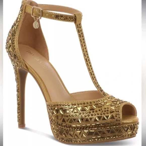 Thalia Sodi Gold Studded T-Strap Heels - Picture 1 of 8